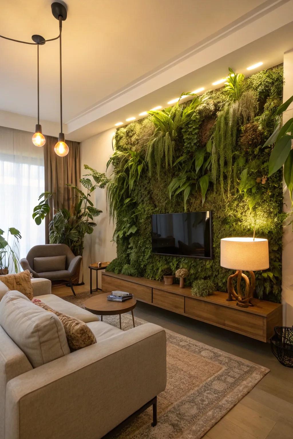 A living plant wall introduces natural beauty and vibrancy to this living room.