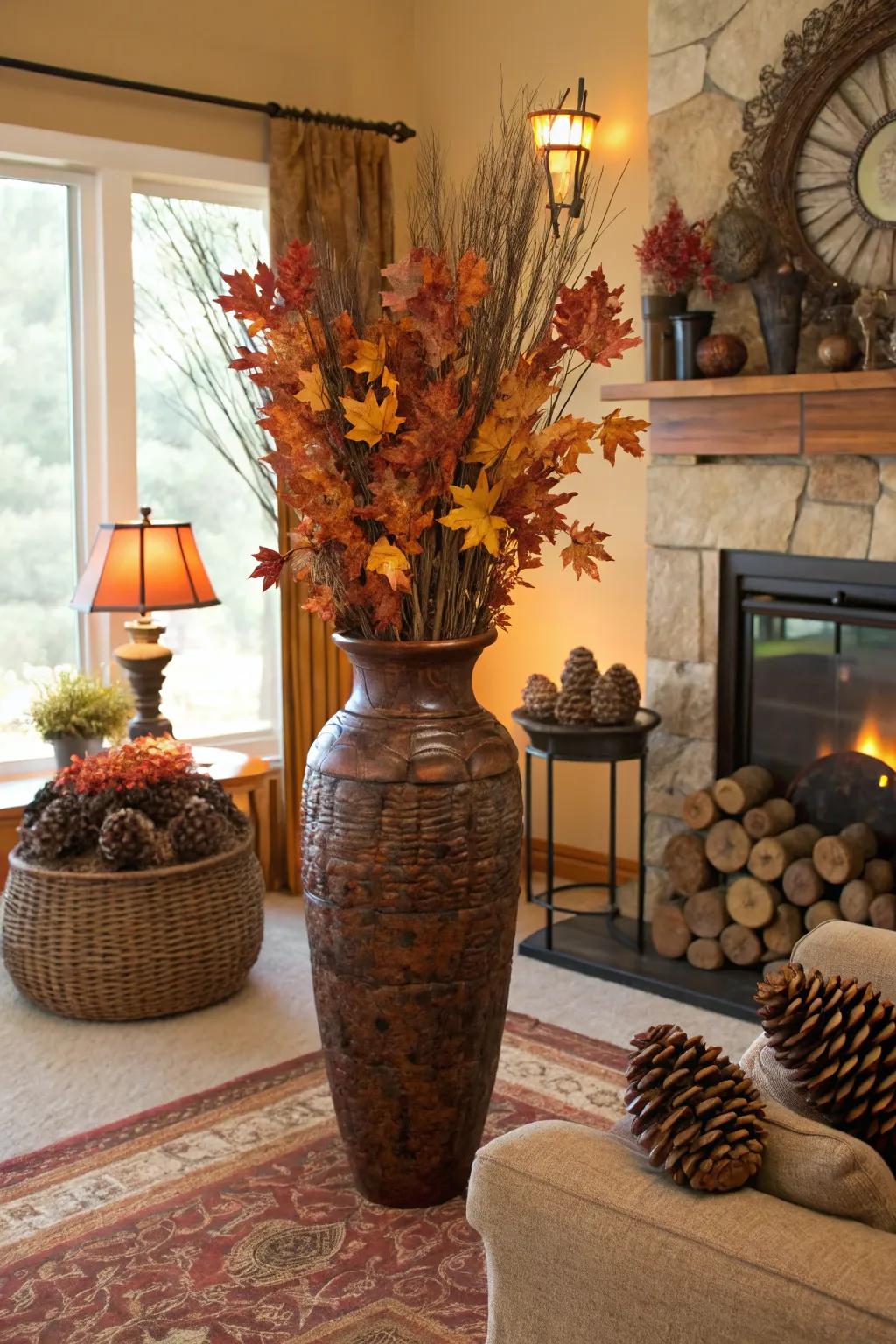 Seasonal features such as cones and foliage bring the charisma of autumn to your living room.