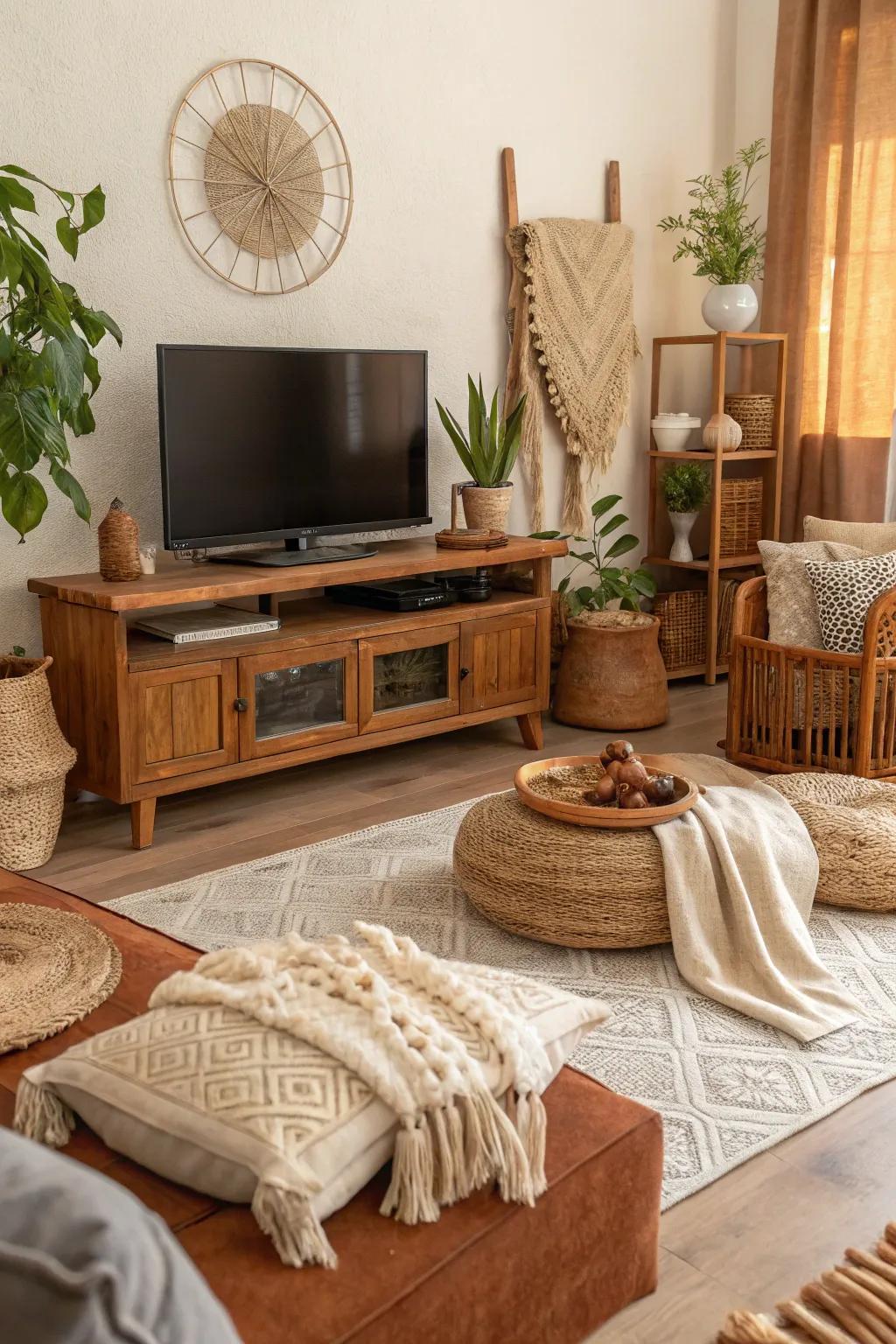 Earthy tones and textures create a warm and inviting TV area.