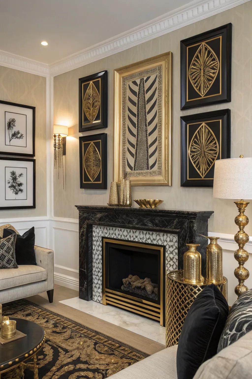 Striking black and gold artwork enhancing the room's sophistication.