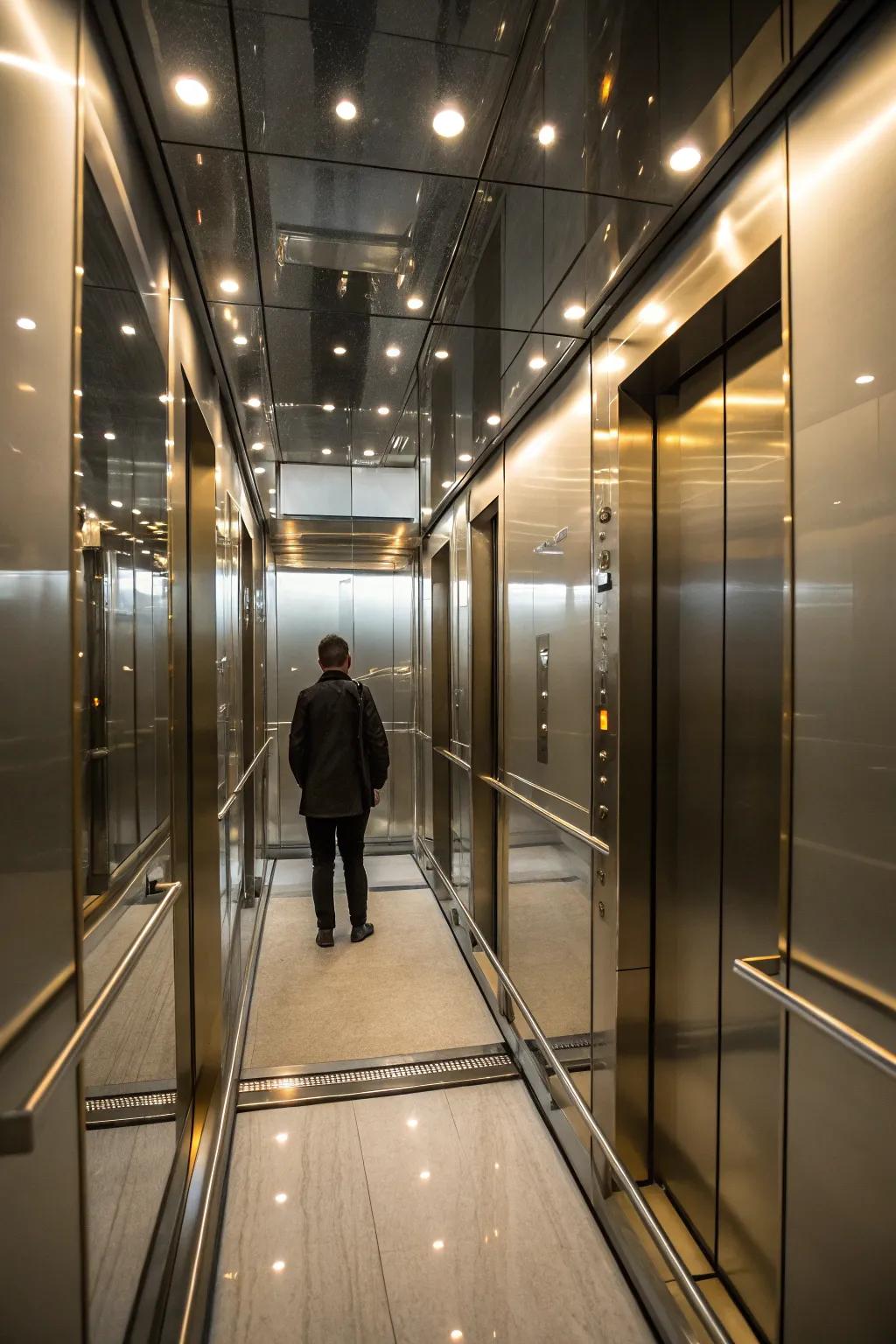 Within the elevator, mirrors amplify the perception of space and luxury.