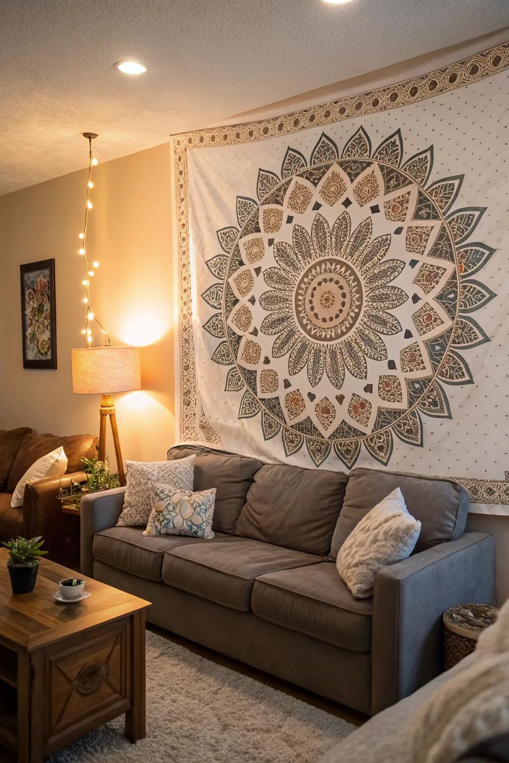 A mixed media circular motif design with textured elements adding depth to a living room.