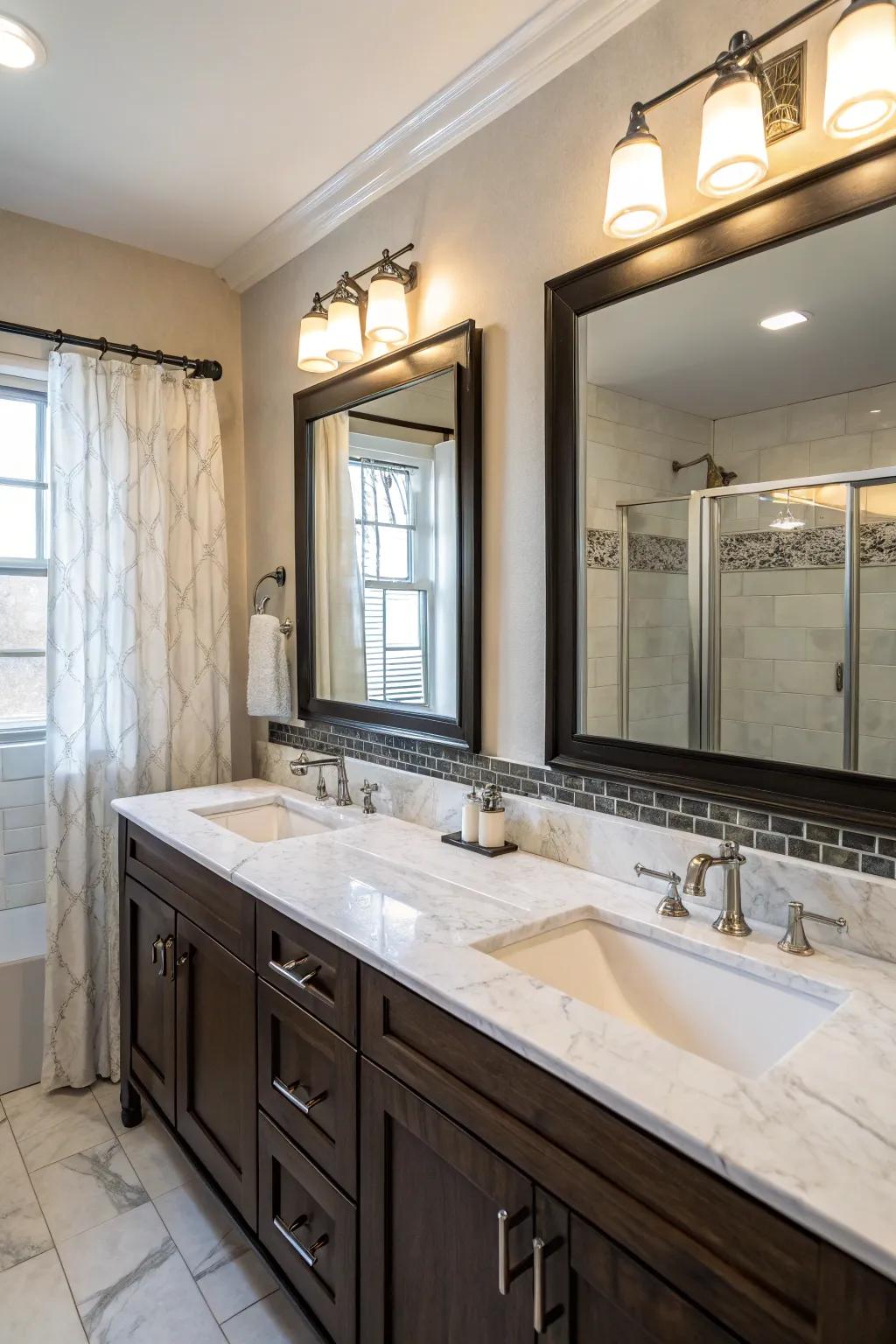 A spacious double vanity with marble porcelain countertops offering both luxury and practicality.