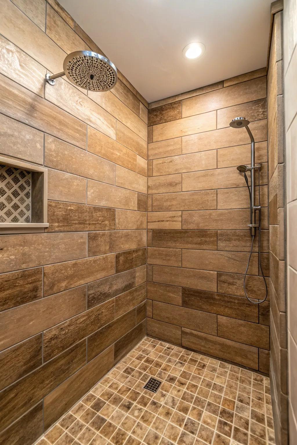 A shower designed with wood-look tiles for a warm, inviting feel.