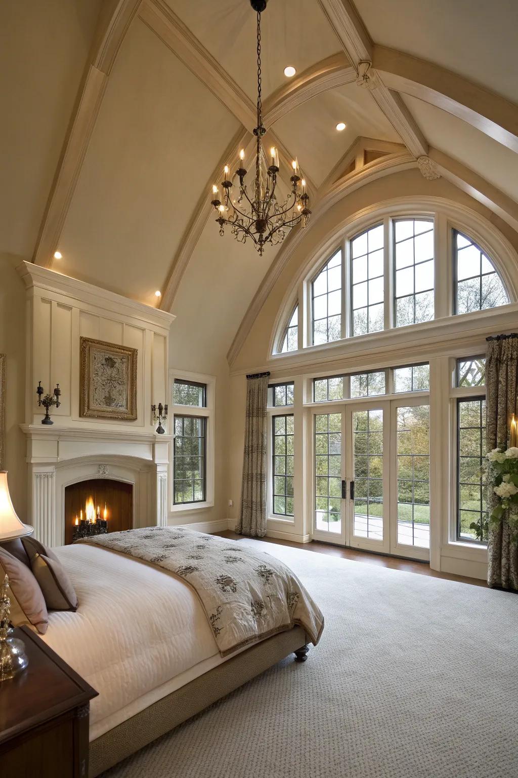 Architectural details like raised ceilings amplify the fireplace's presence.
