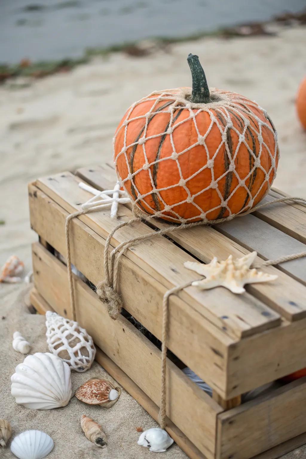 Nautical netting gives your pumpkin a coastal-inspired texture.