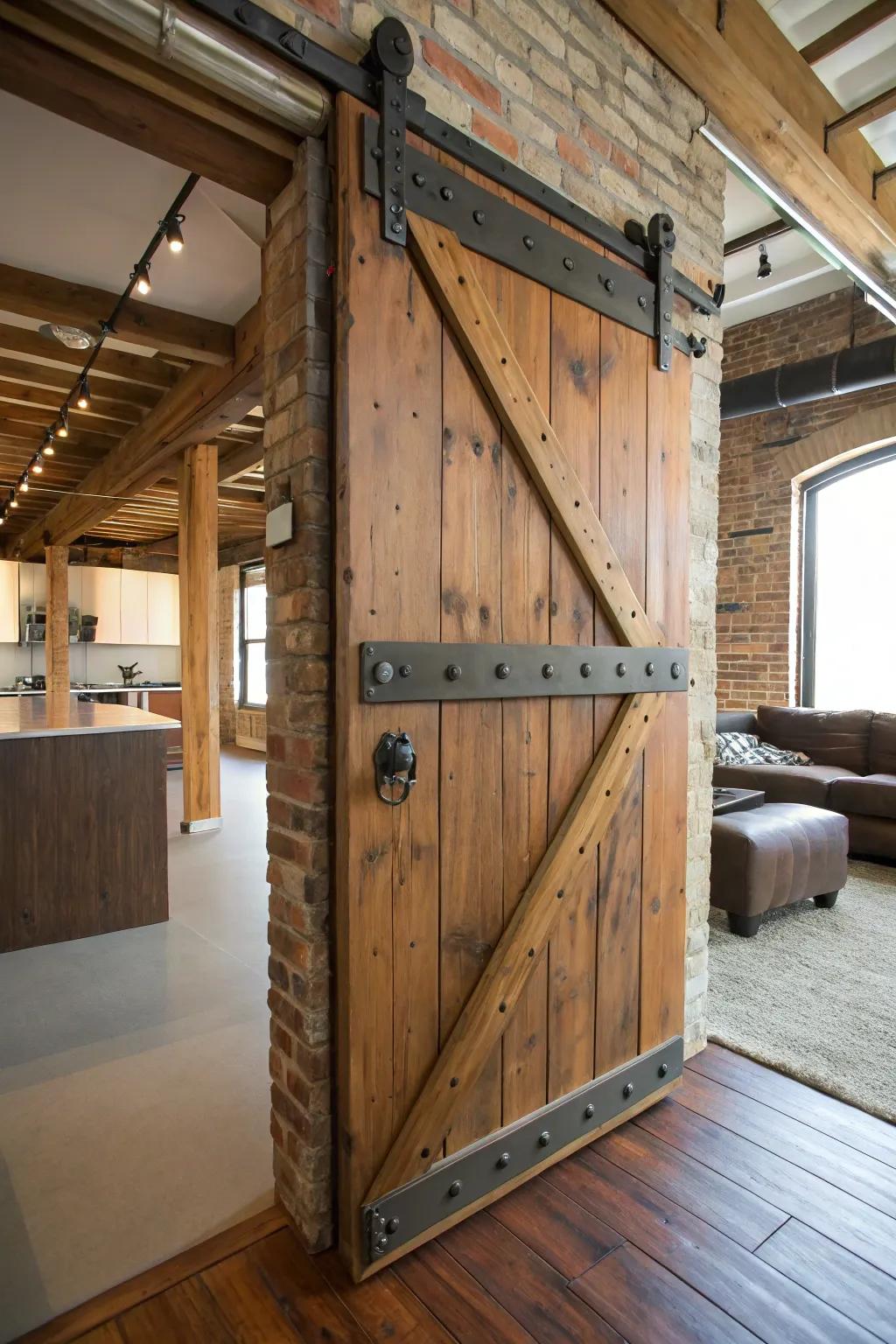 Metal accents on barn doors introduce an industrial flair.