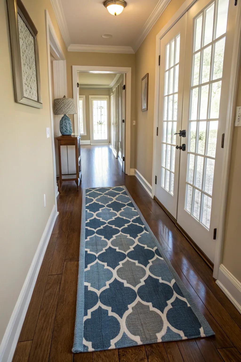 A runner rug infuses the hallway with warmth and a hint of color.