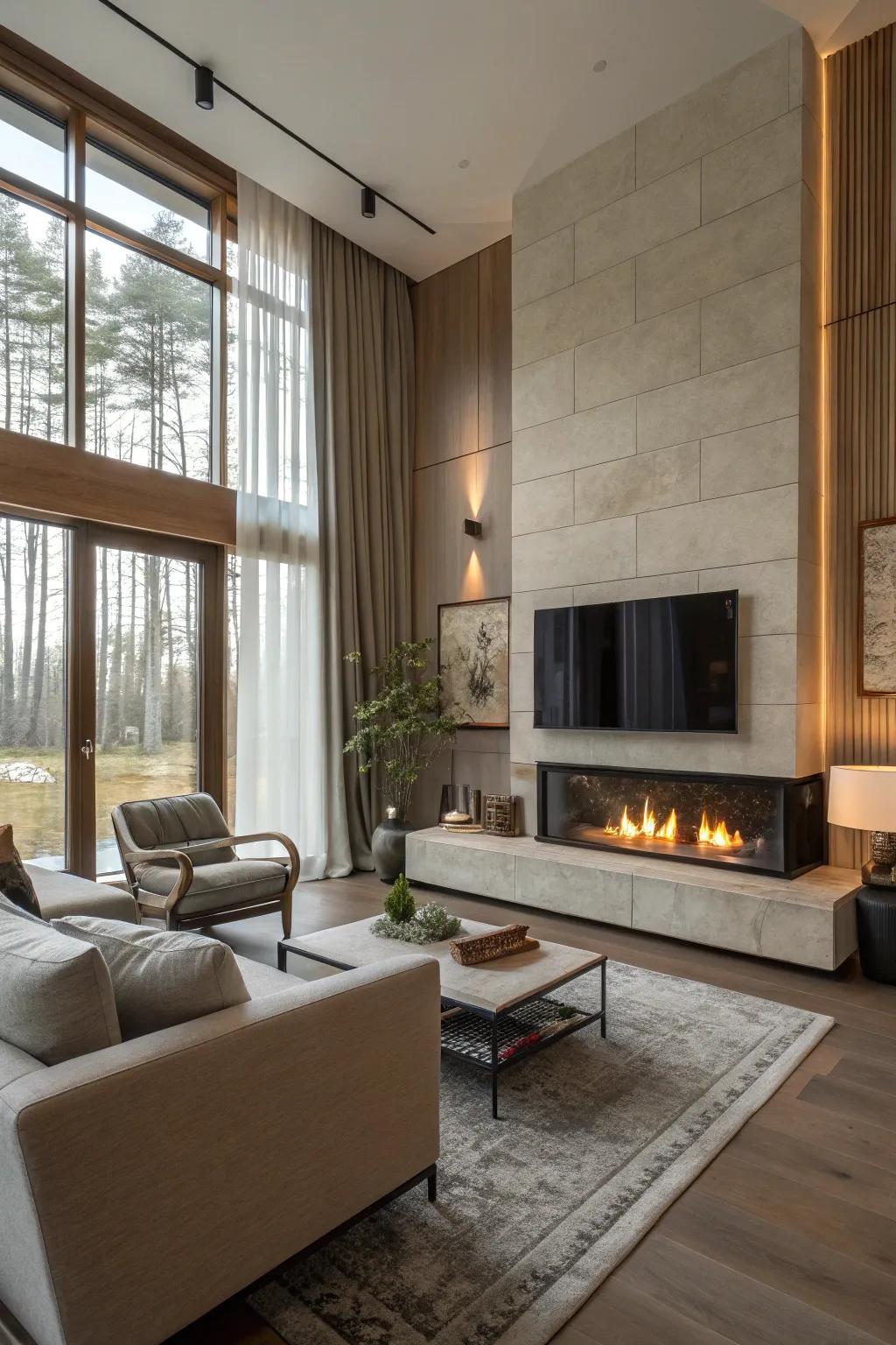 A modern fireplace that serves as a stylish focal point in the living space.