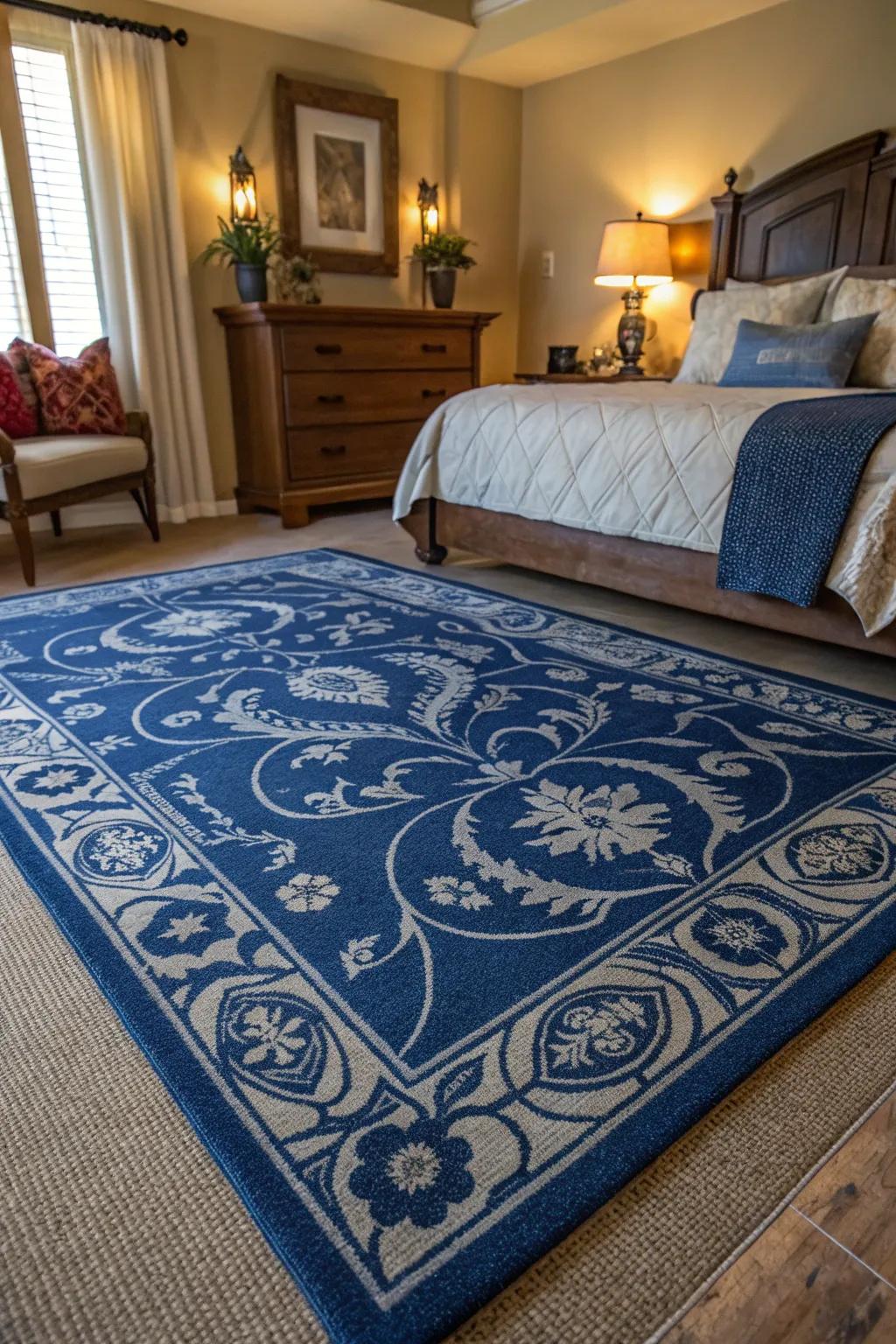 A patterned rug introduces texture and unites the royal blue design elements.