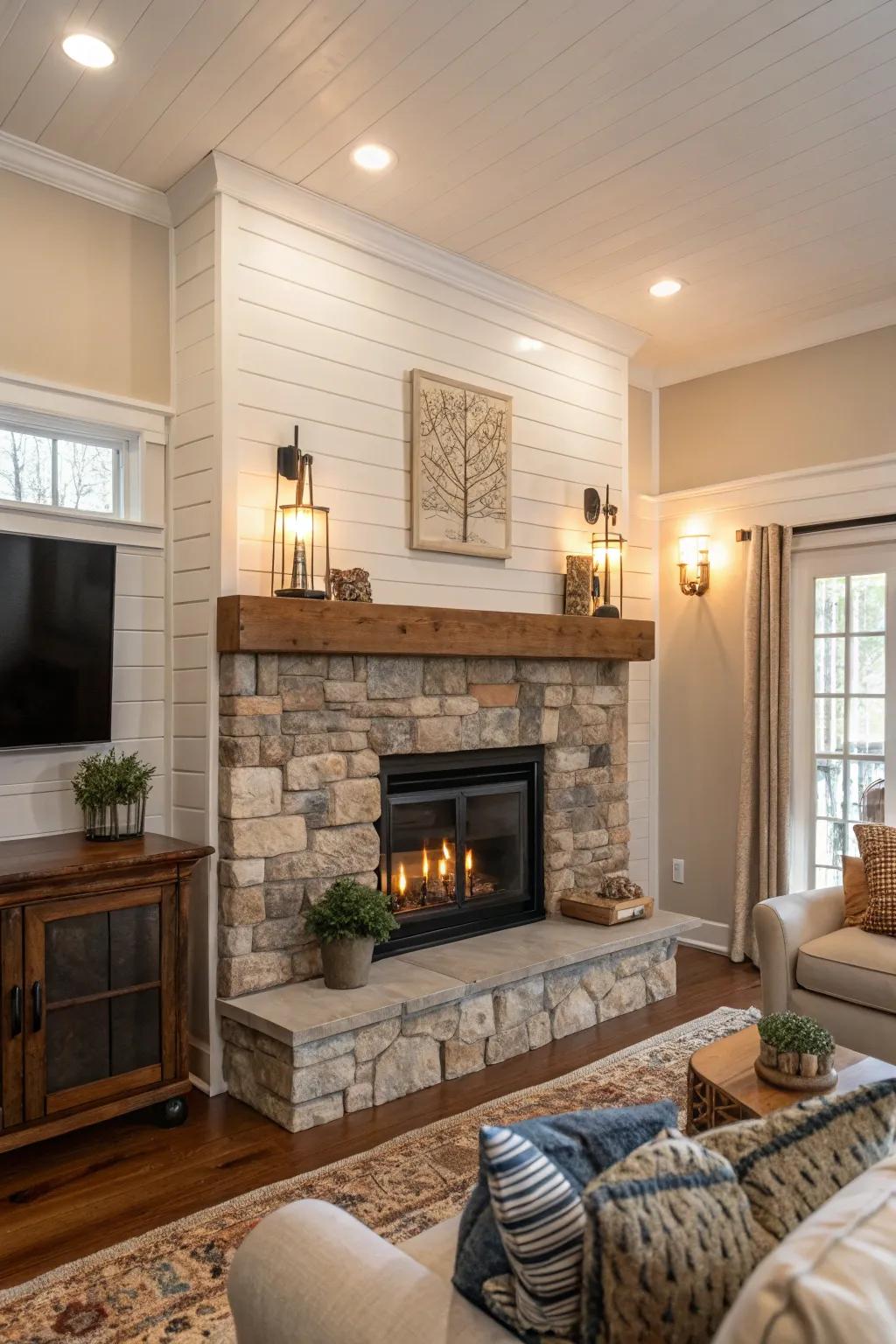 A shiplap fireplace enriched with stone features.