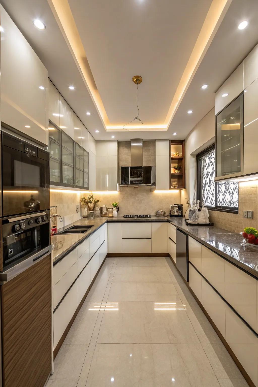 Relish plentiful expanse and utility through a U-shaped cooking space blueprint.