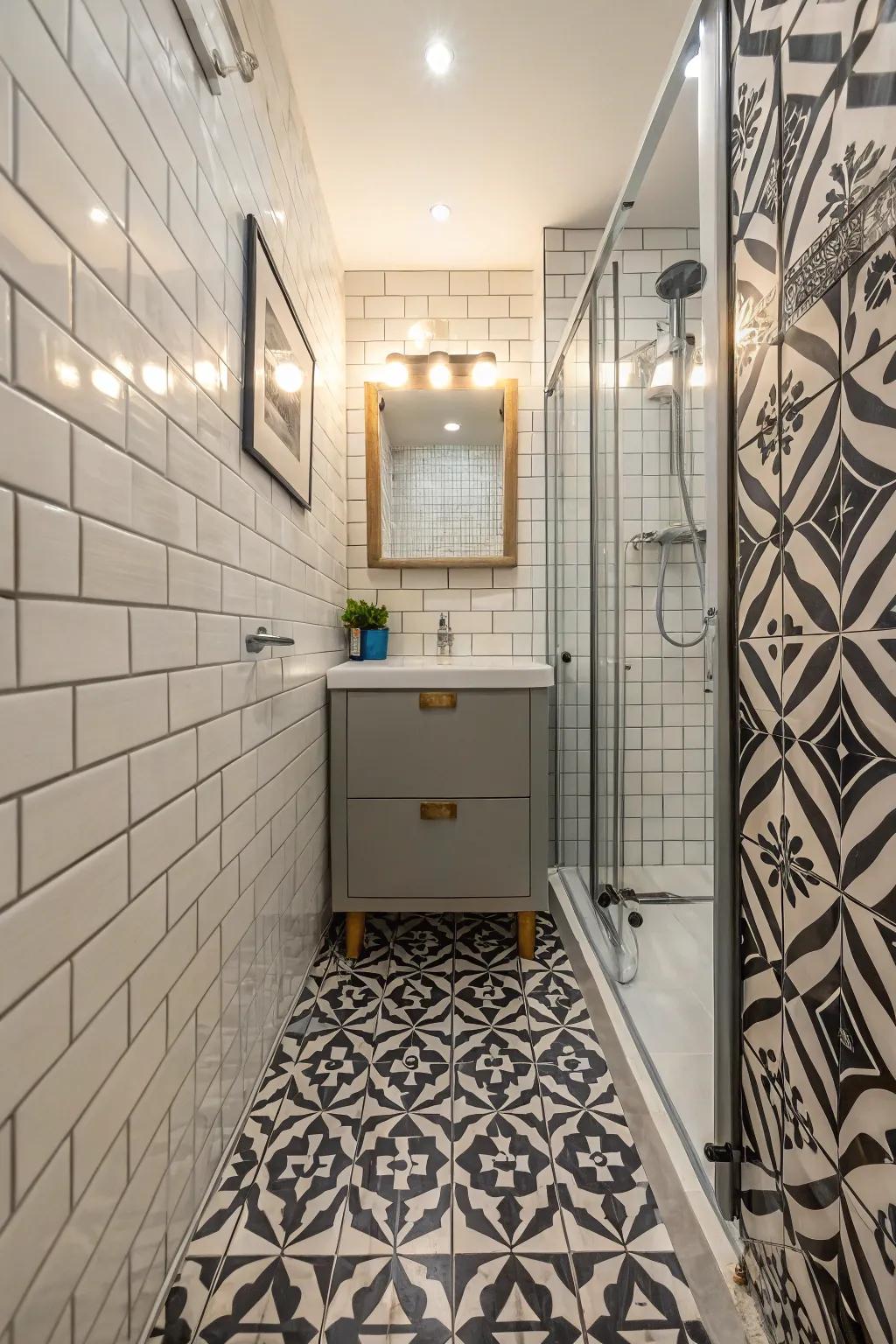 Statement tiles contribute depth and character to confined bathroom designs.