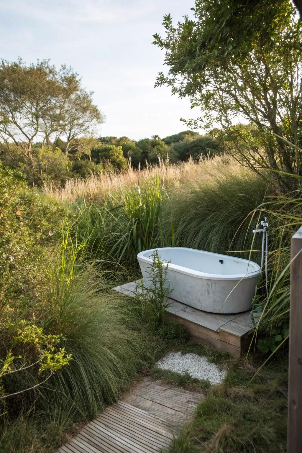 Achieve natural seclusion with plants encircling your open-air tub.