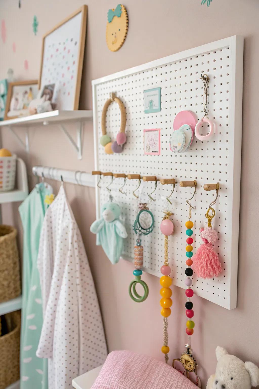 A versatile pegboard system designed for organizing and exhibiting baby products.