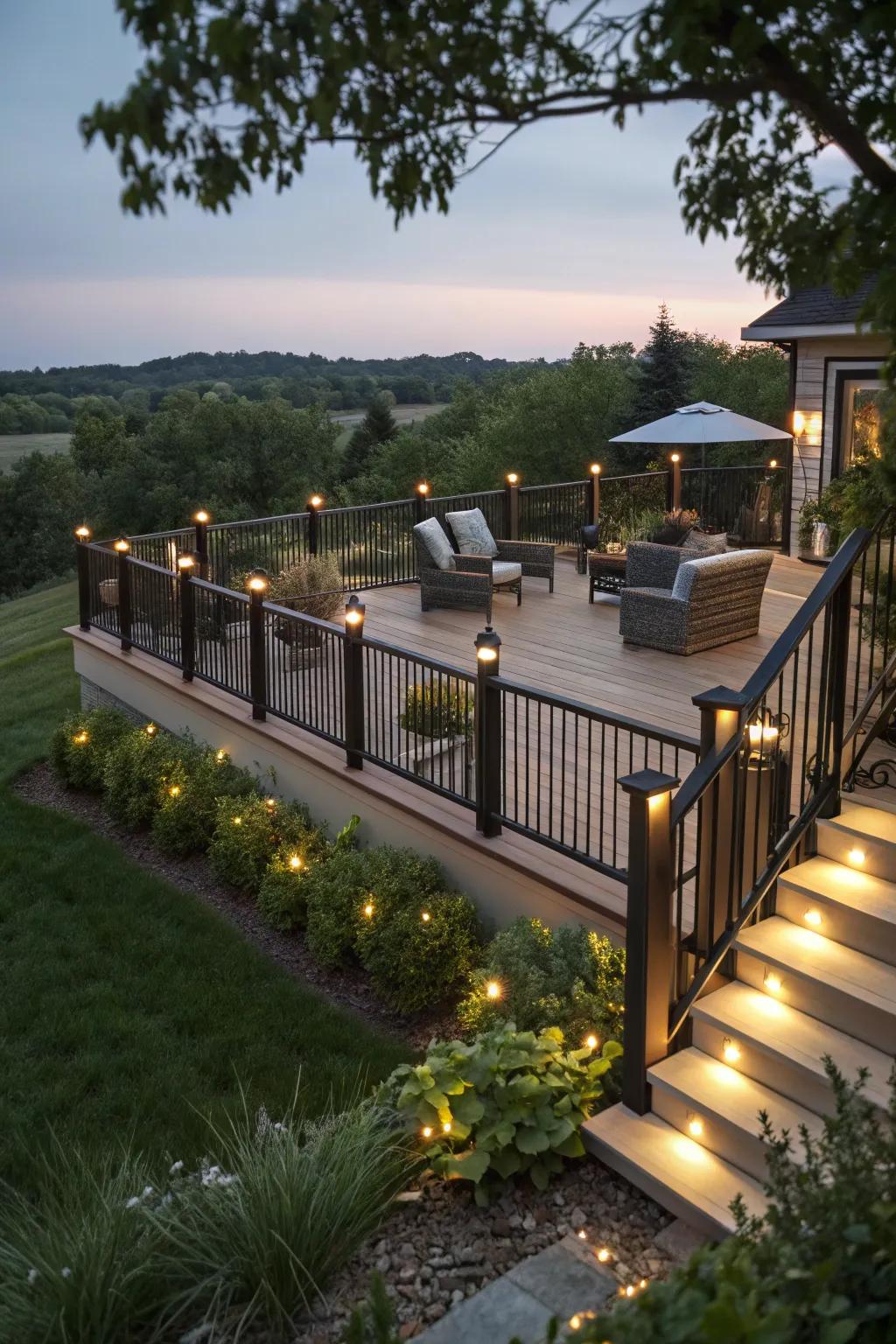 Improve your deck with subdued under-rail lighting.
