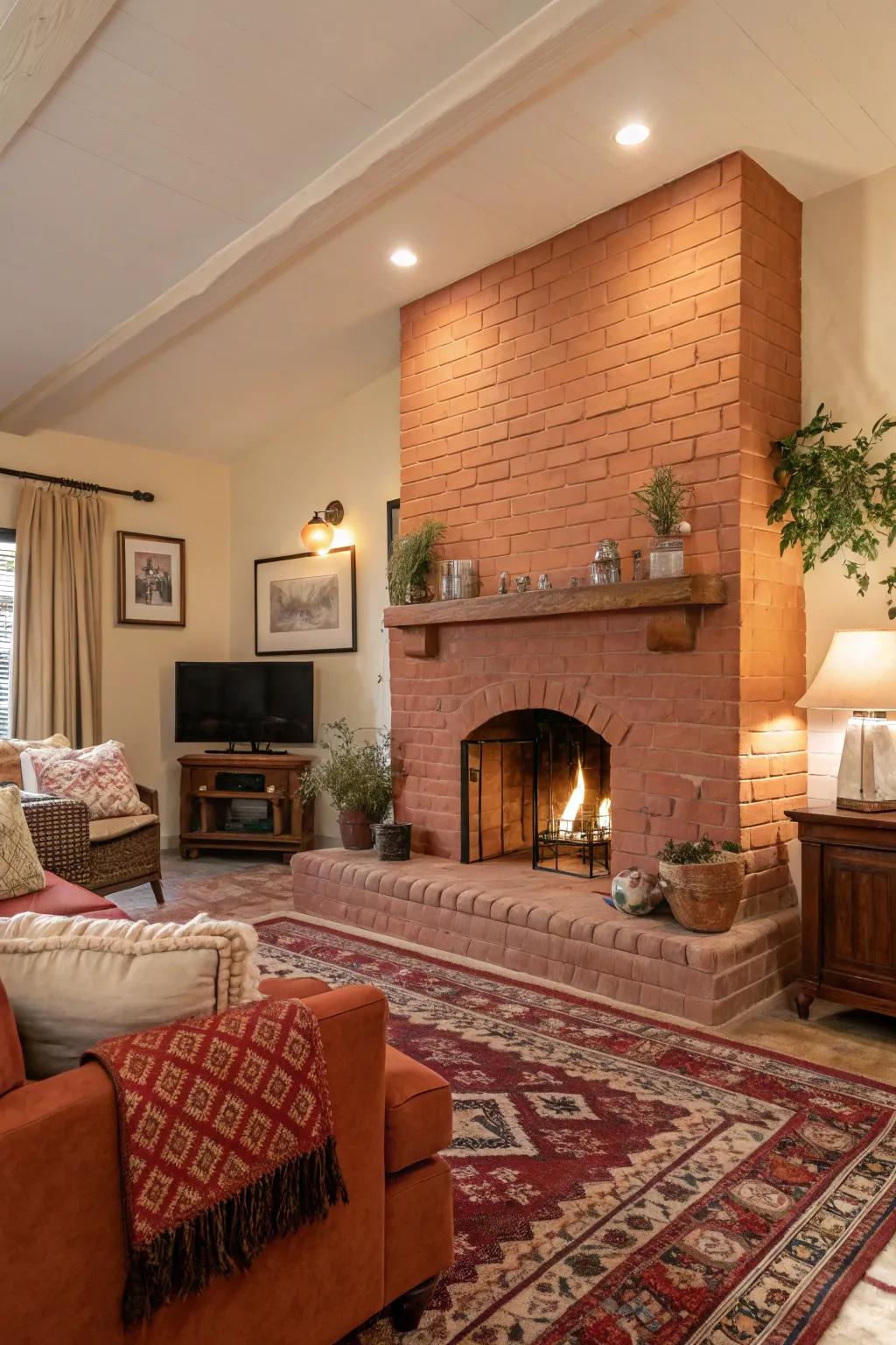 A terracotta-painted fireplace, adding warmth and coziness.