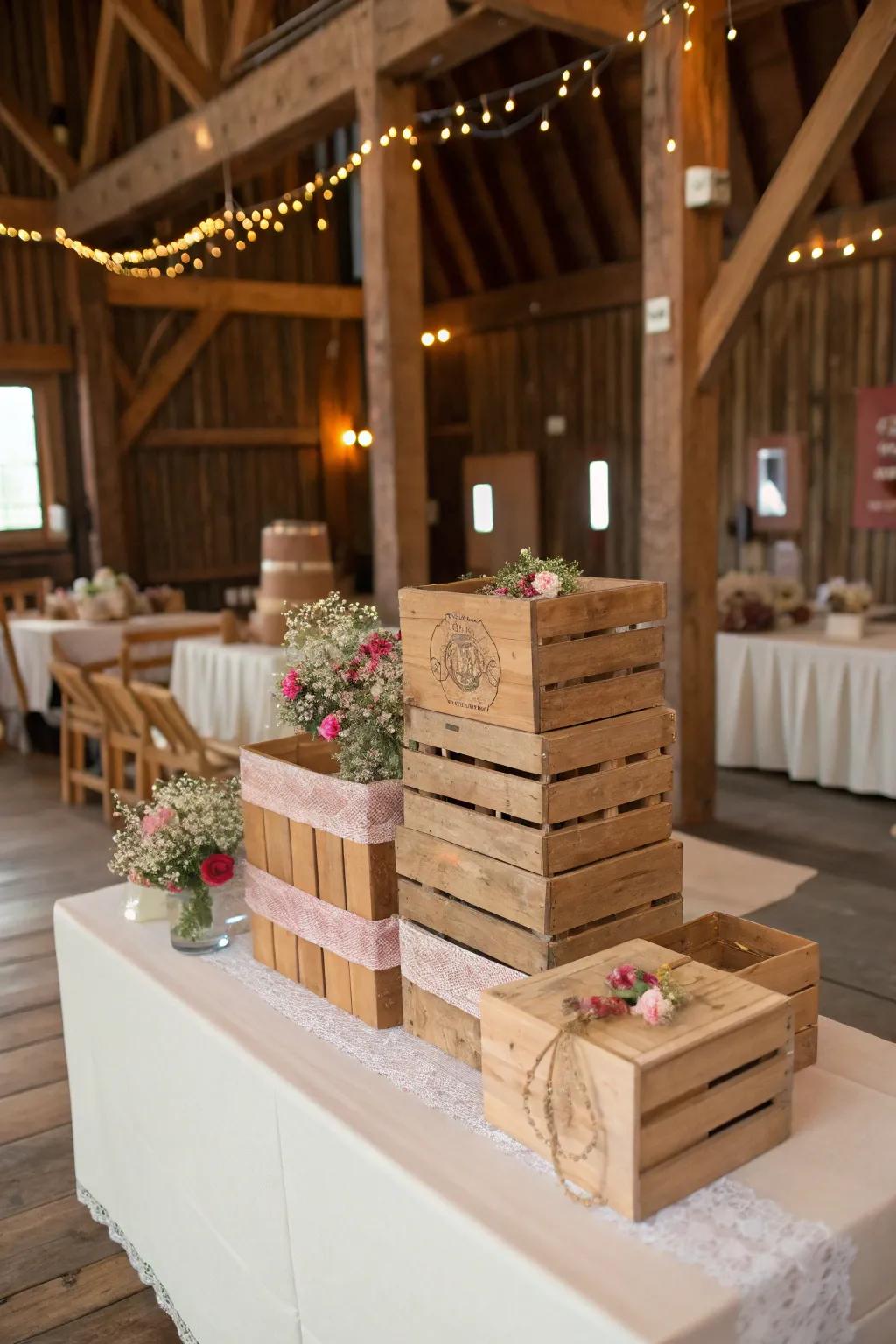 Rustic wooden boxes matching the barn wedding theme.