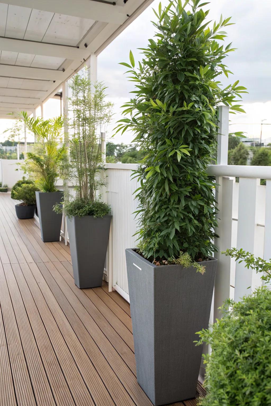 Tall planters act as organic dividers on a patio.