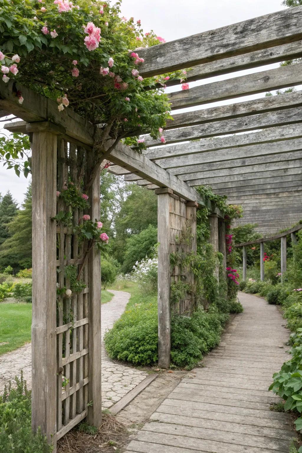 This rural pergola has rustic charm thanks to the wooden slat sides.