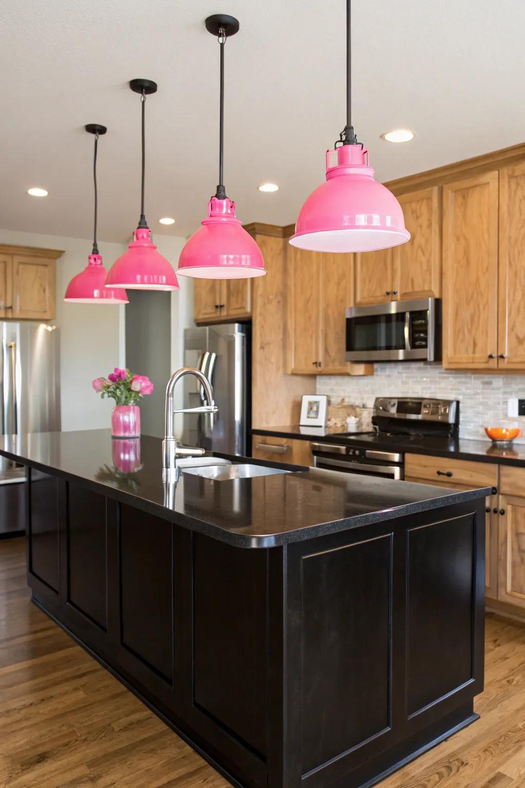 Chic pink lighting fixtures add a delicate glow to the kitchen ambiance.