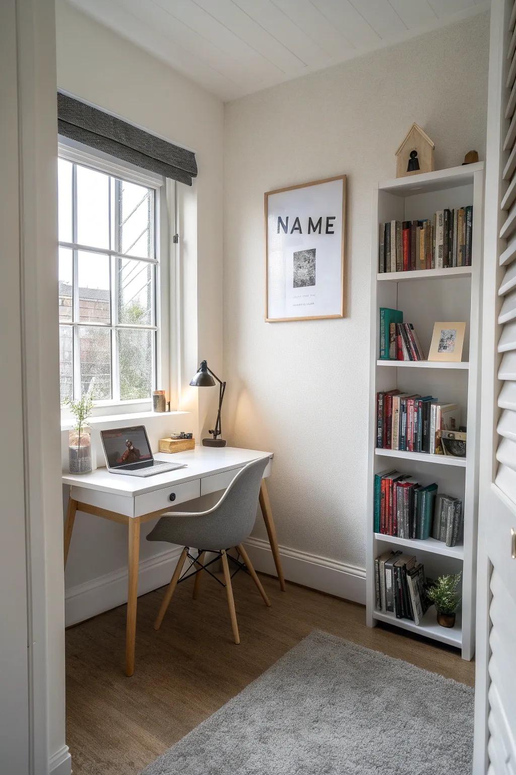 A minimalist name sign introducing elegance to a compact home office.