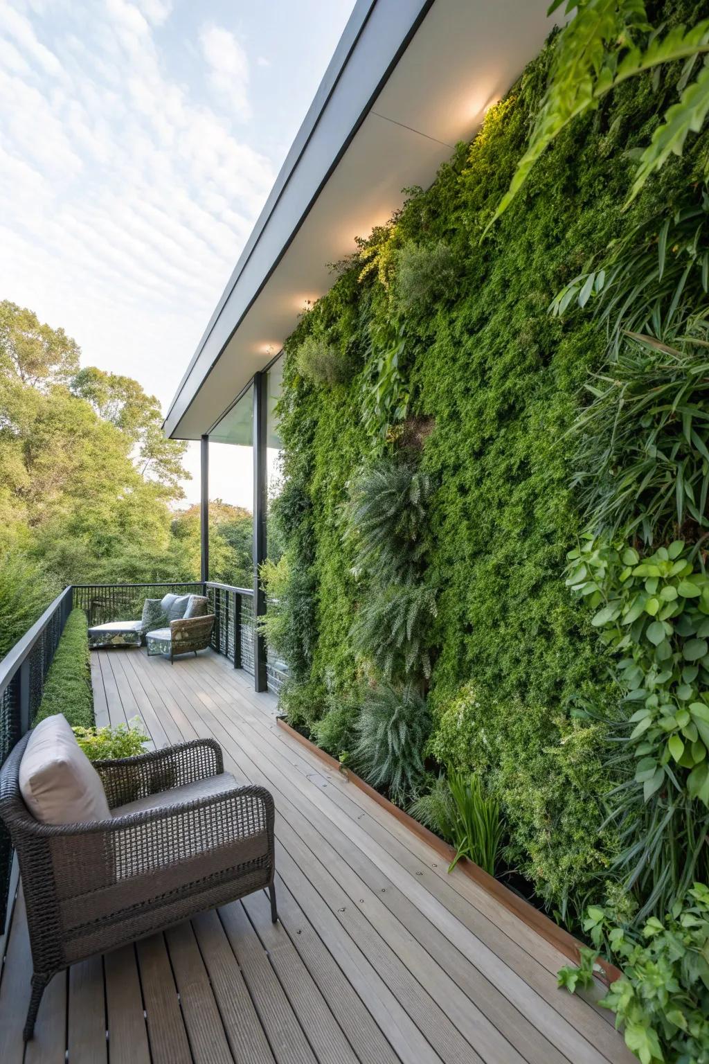 A verdant vertical garden wall adds solitude and greenery to a deck.