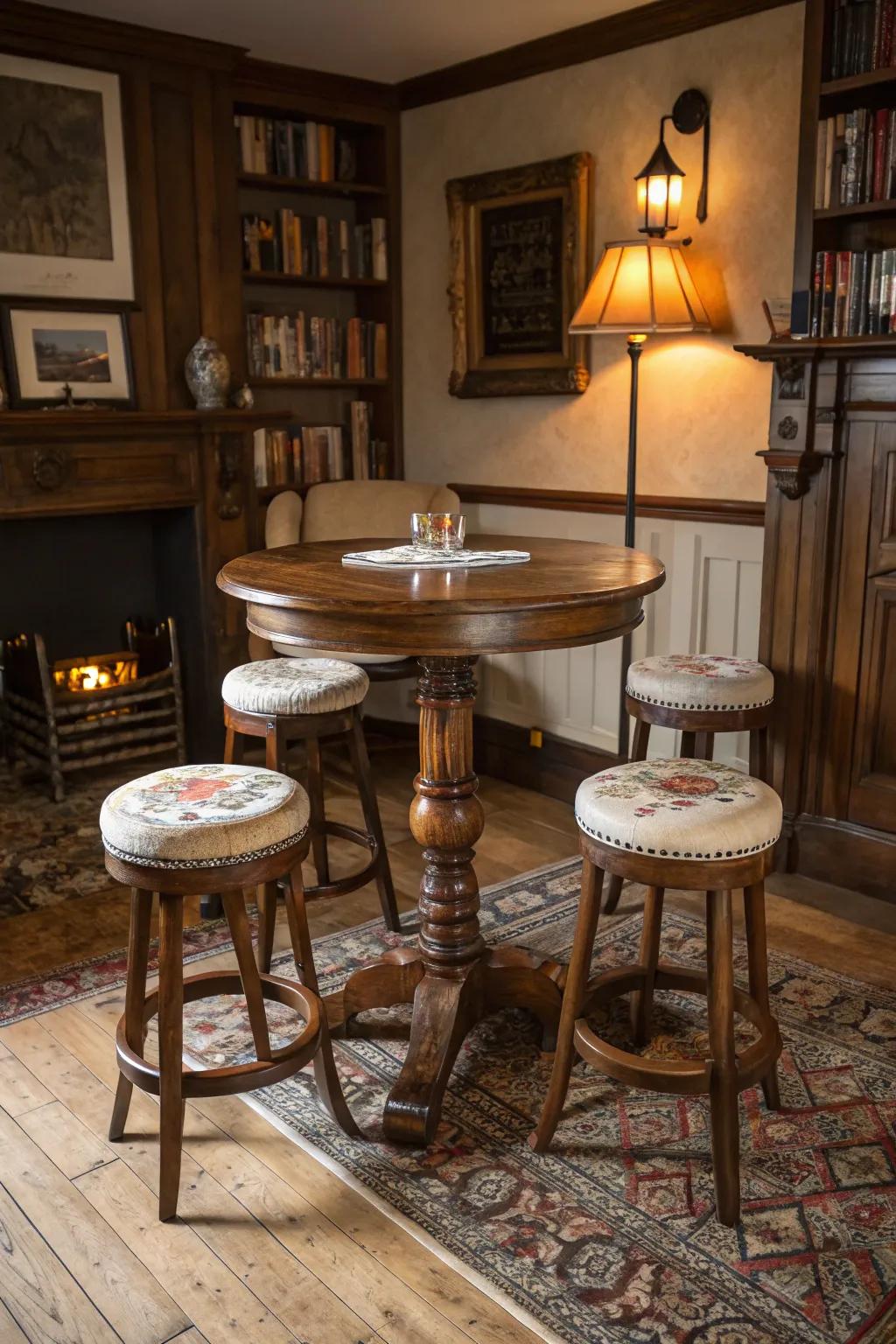 Classic wooden pub tables provide timeless beauty.