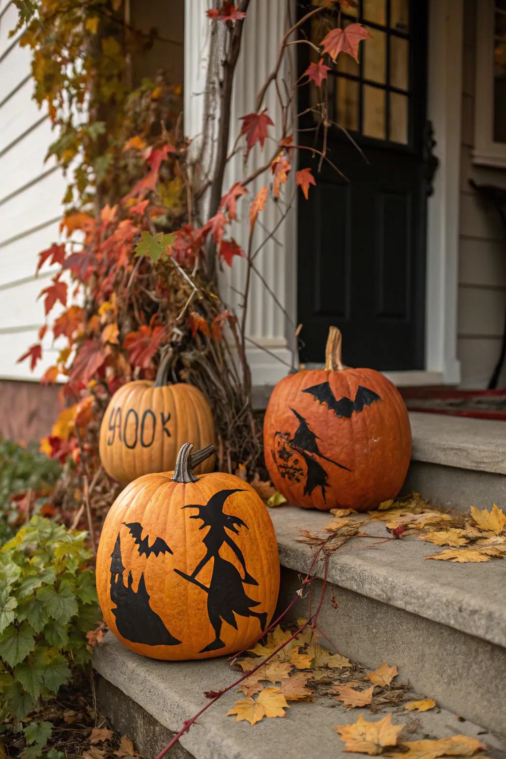 Pumpkins displaying spooky Halloween designs.