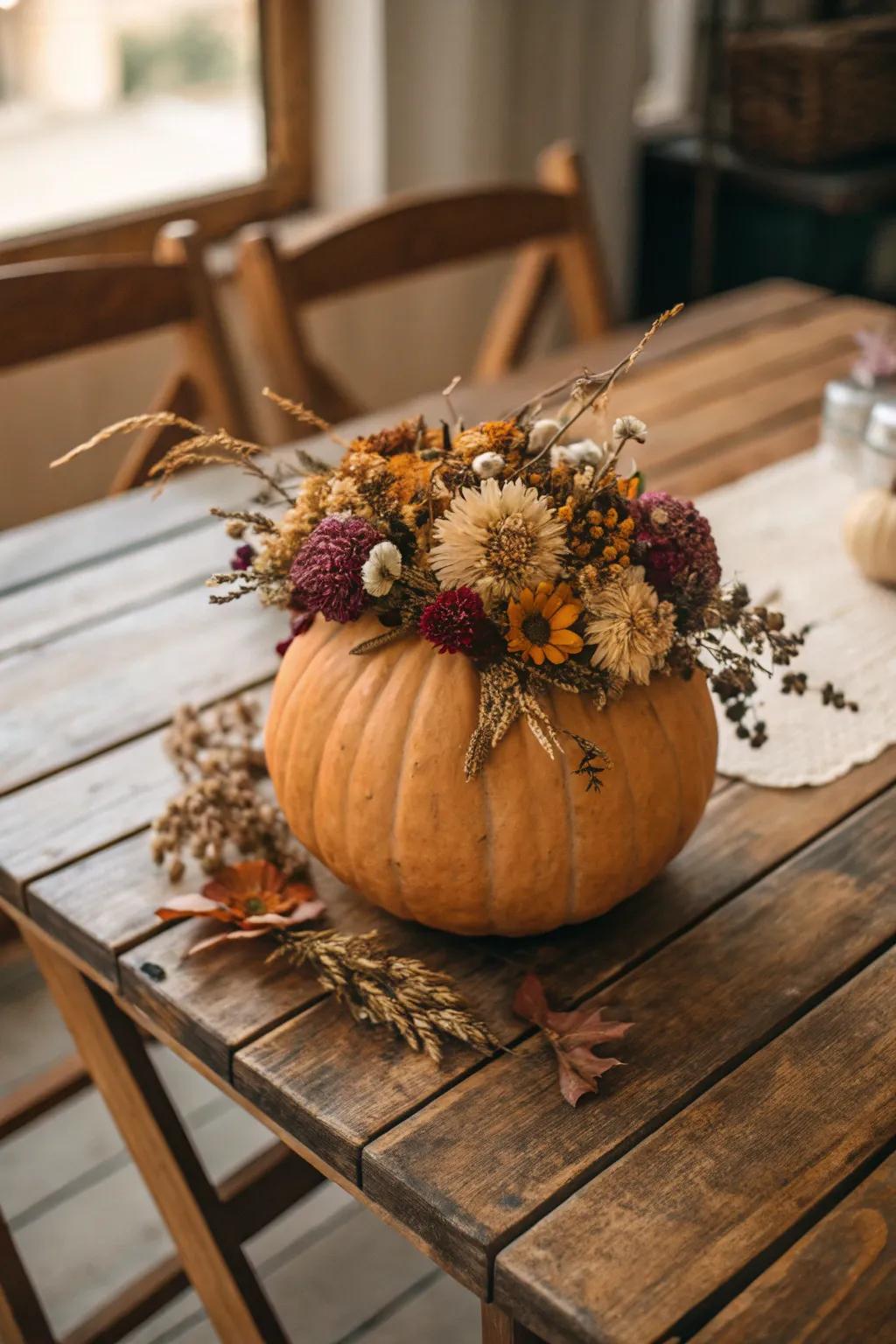 Infuse your pumpkin decor with ageless grace using preserved flowers.