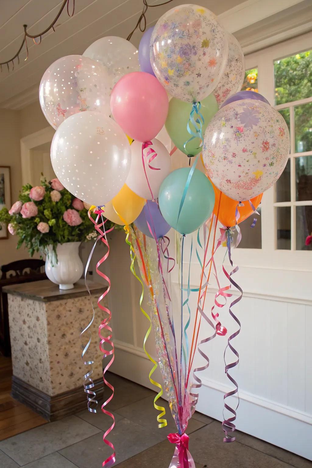 Balloon bundles enhanced with ribbons infuse elegance into the aesthetic.