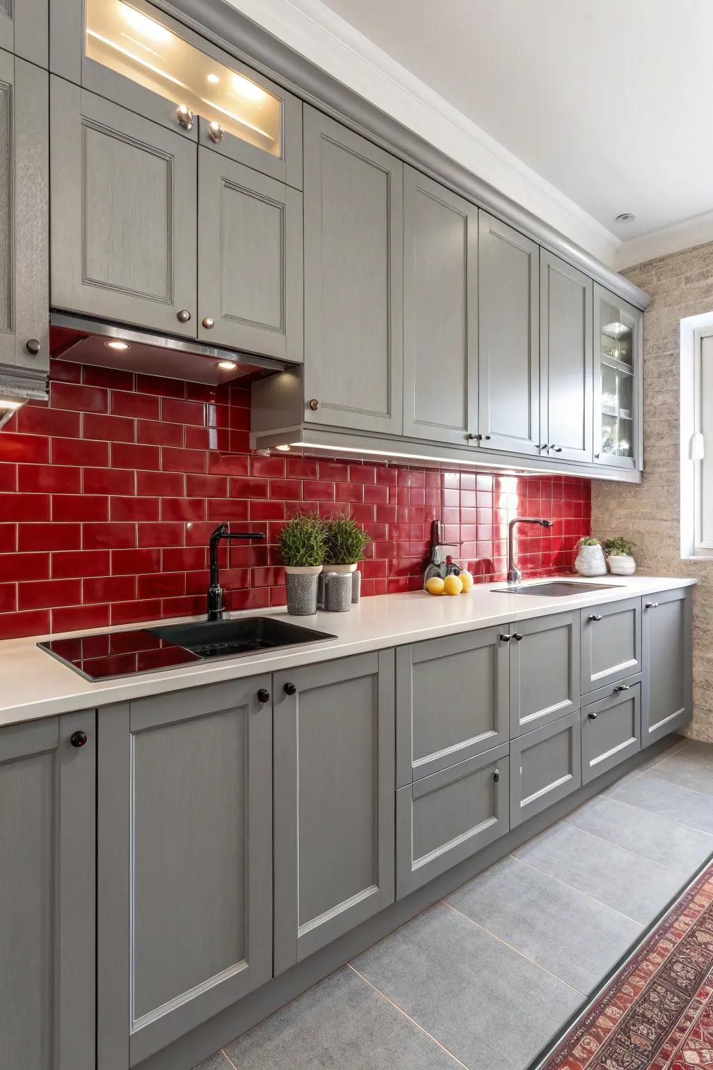 A kitchen with silver cabinets enhanced by a scarlet backsplash.