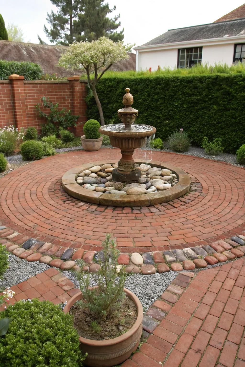 A serene red brick patio enhanced with a soothing water feature