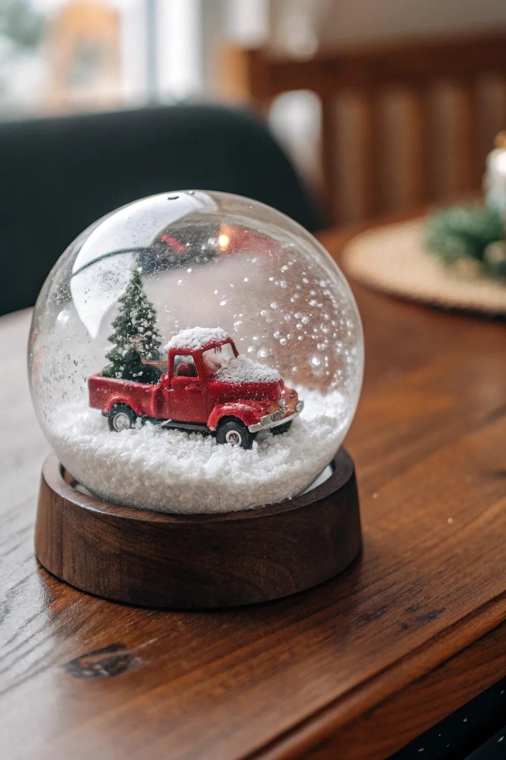 Delightful DIY snow globe showcasing a scarlet pickup.