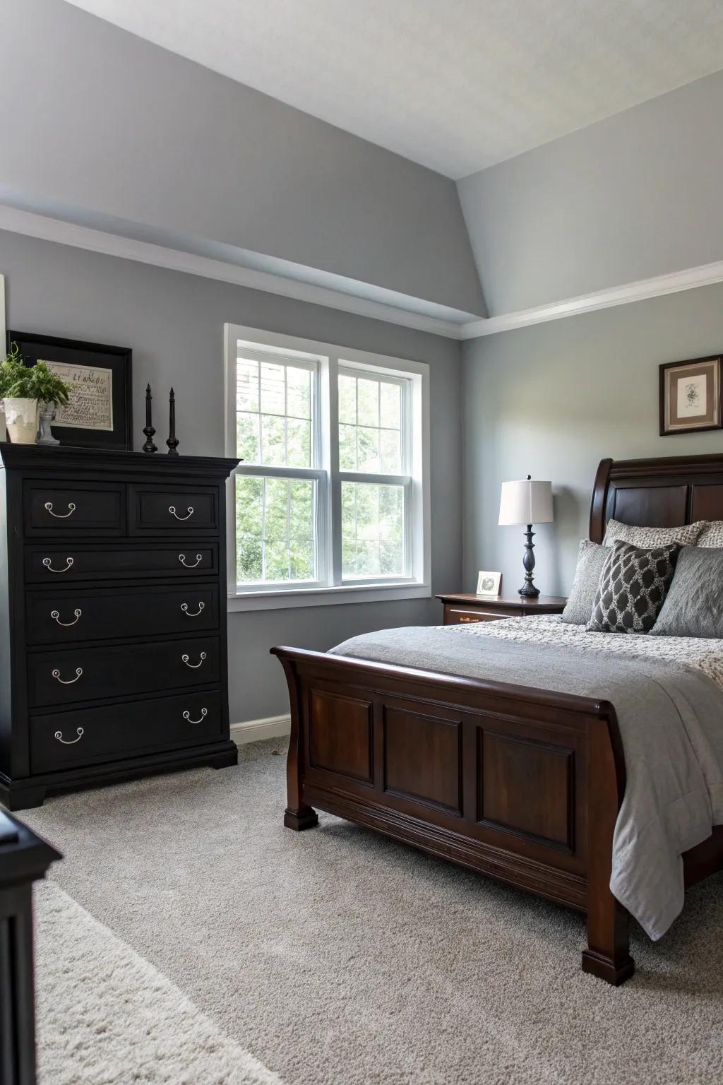 Dark furniture creates a striking contrast against Stone Echo walls.
