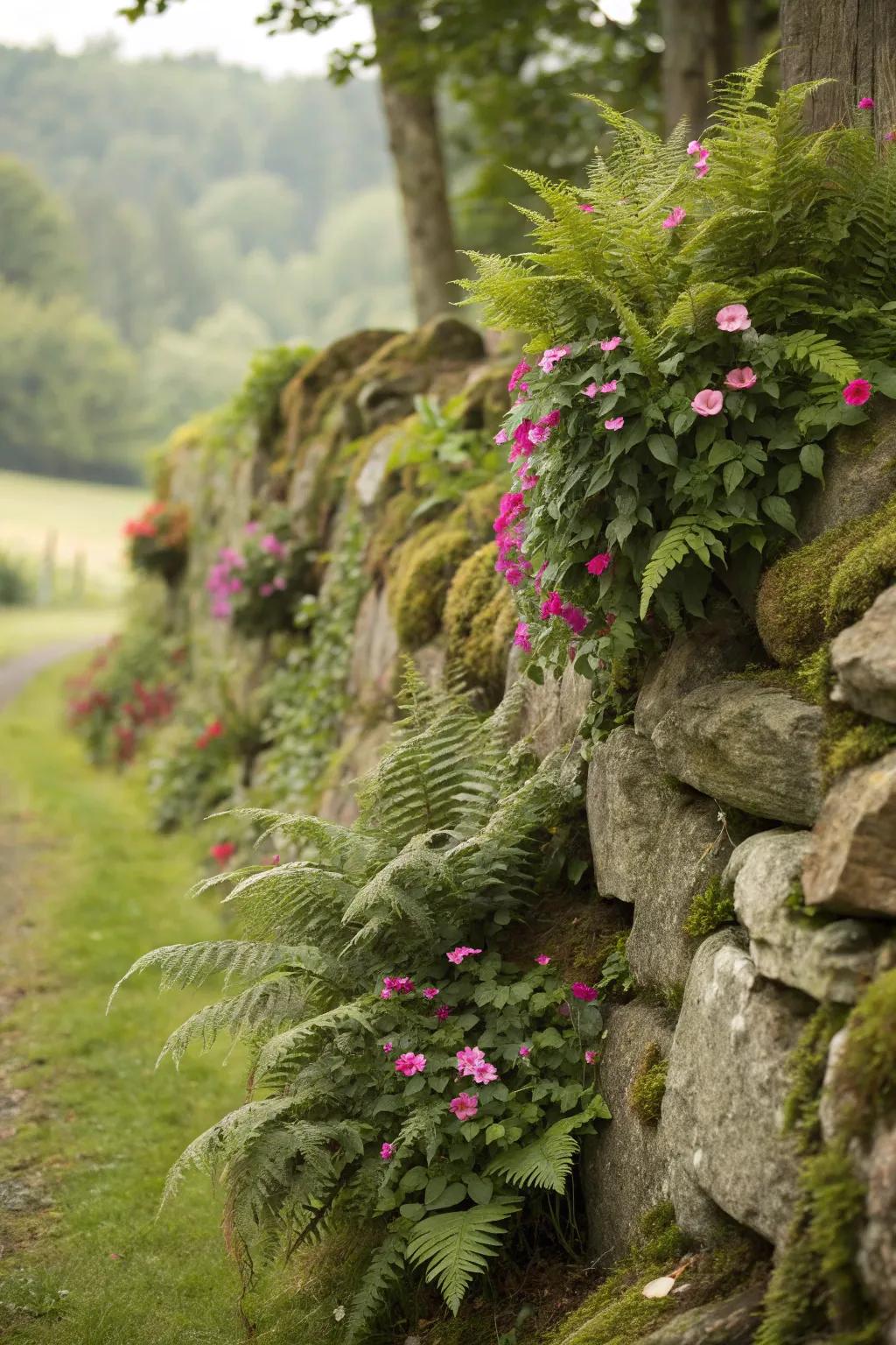 Stone walls combined with greenery make a smooth natural appearance.