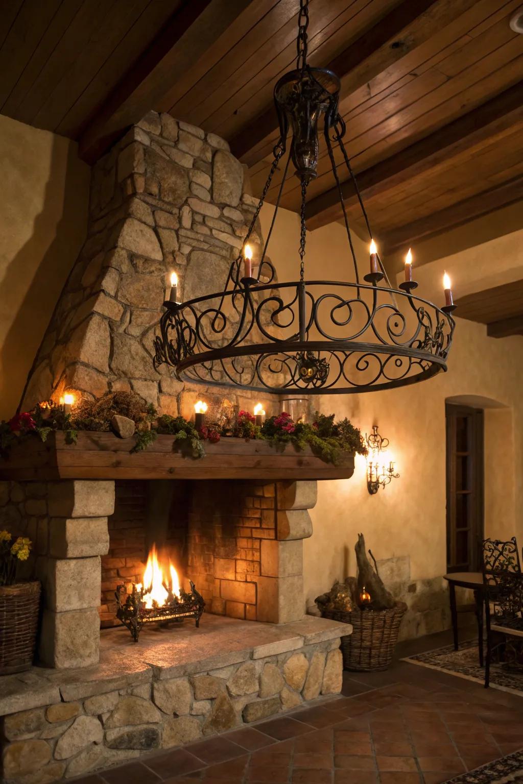 Rustic lighting enhances the warmth and charm of this fireplace setting.