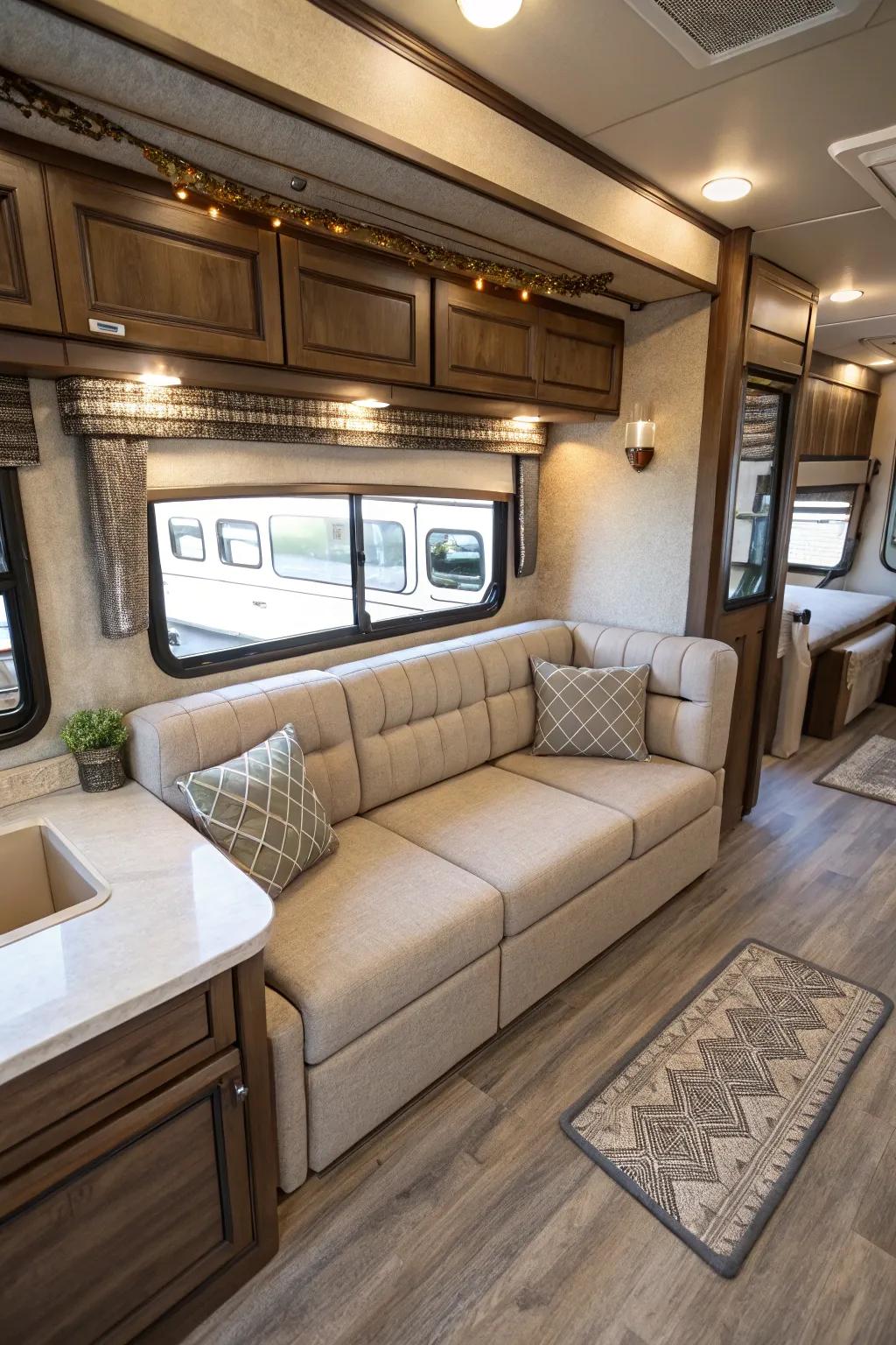 L-shaped sofas maximize corner spaces inside your RV.