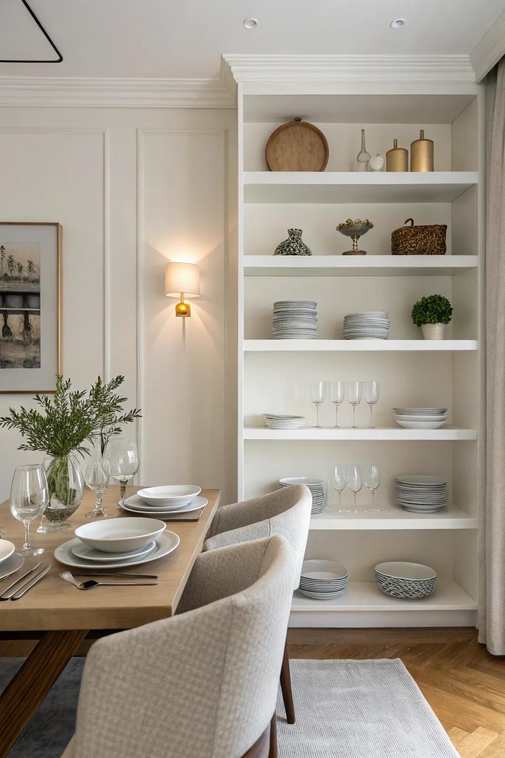 Minimalist shelving enhances the clean aesthetic of the dining area.
