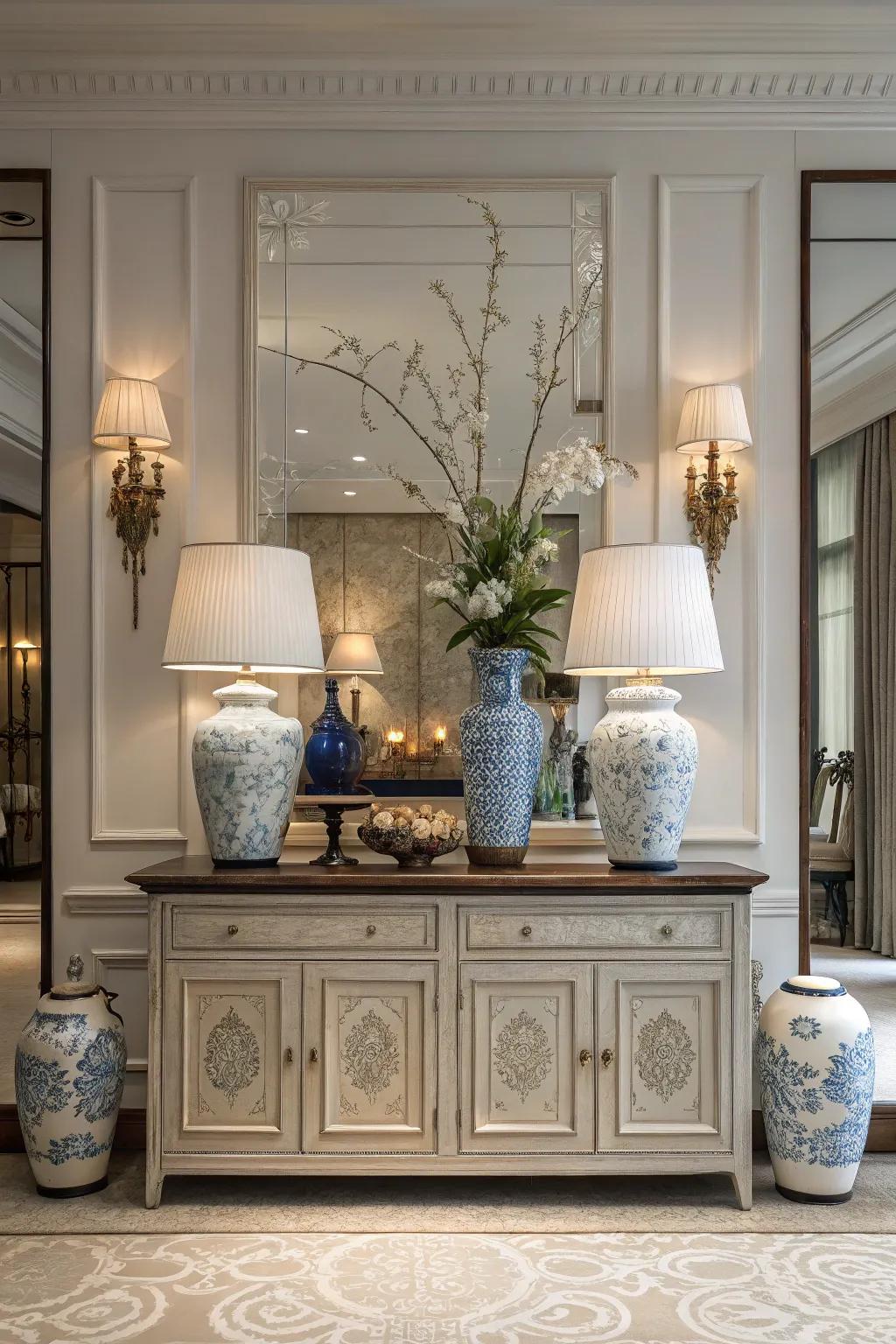 Symmetrical arrangements on a sideboard bring harmony and balance to the decor.