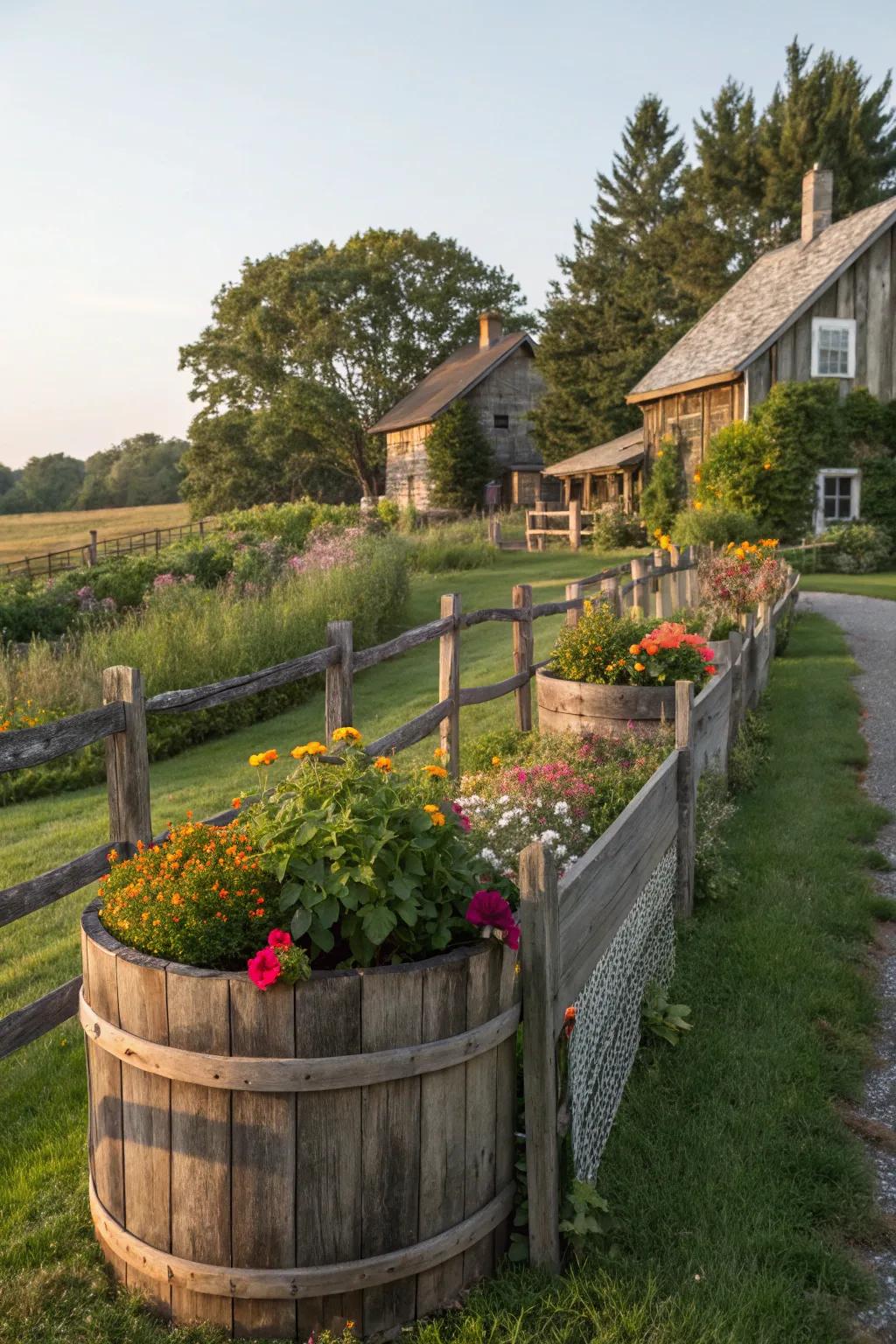 Timber features enriching the countryside allure of the garden.