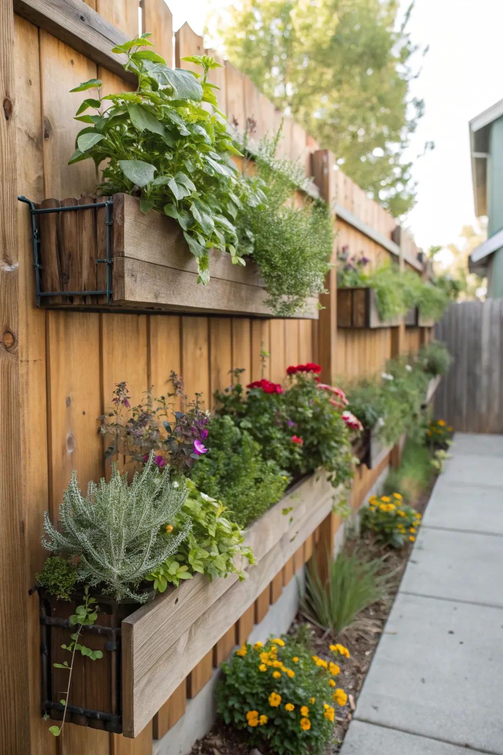 Vertical gardens utilize fence space creatively for added greenery.