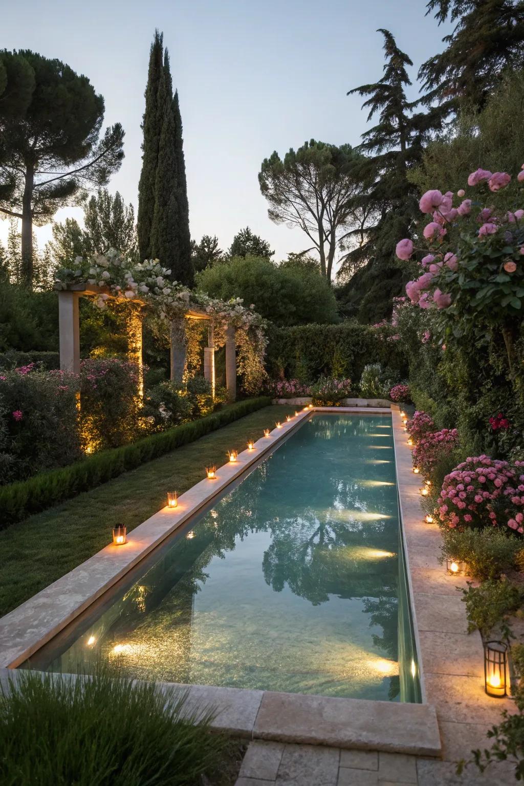 Surrounding lights transform the poolside into a captivating evening retreat.