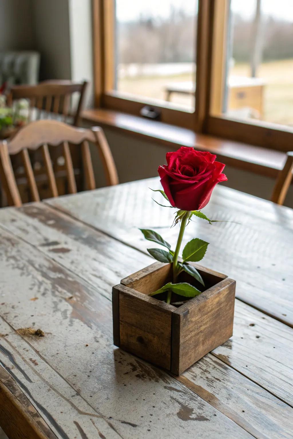 A wooden crate infuses a rustic charm into the rose centerpiece.