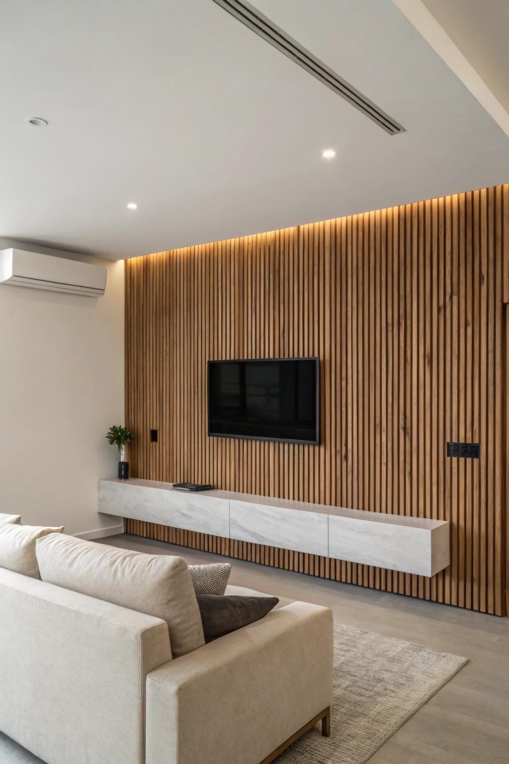 A media room featuring a wood slat accent, contributing an elegant, contemporary aesthetic.