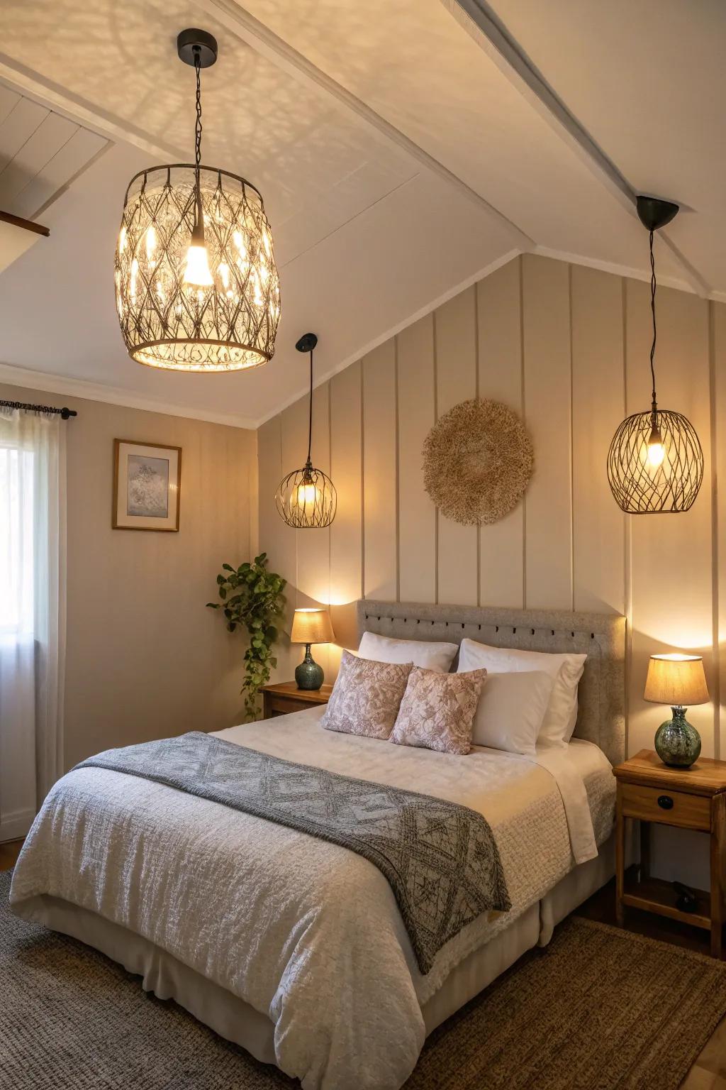 A small bedroom lit with hanging lights and lamps to create a warm and inviting atmosphere.