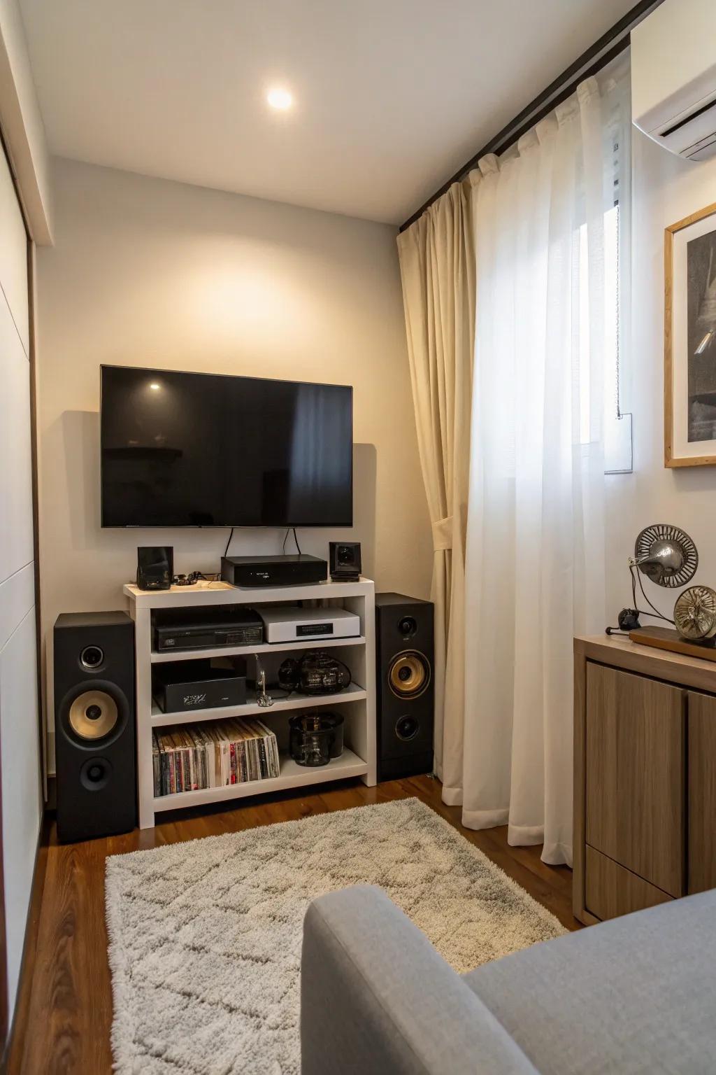 A sleek entertainment setup complements the soothing ambiance of this cigar space.