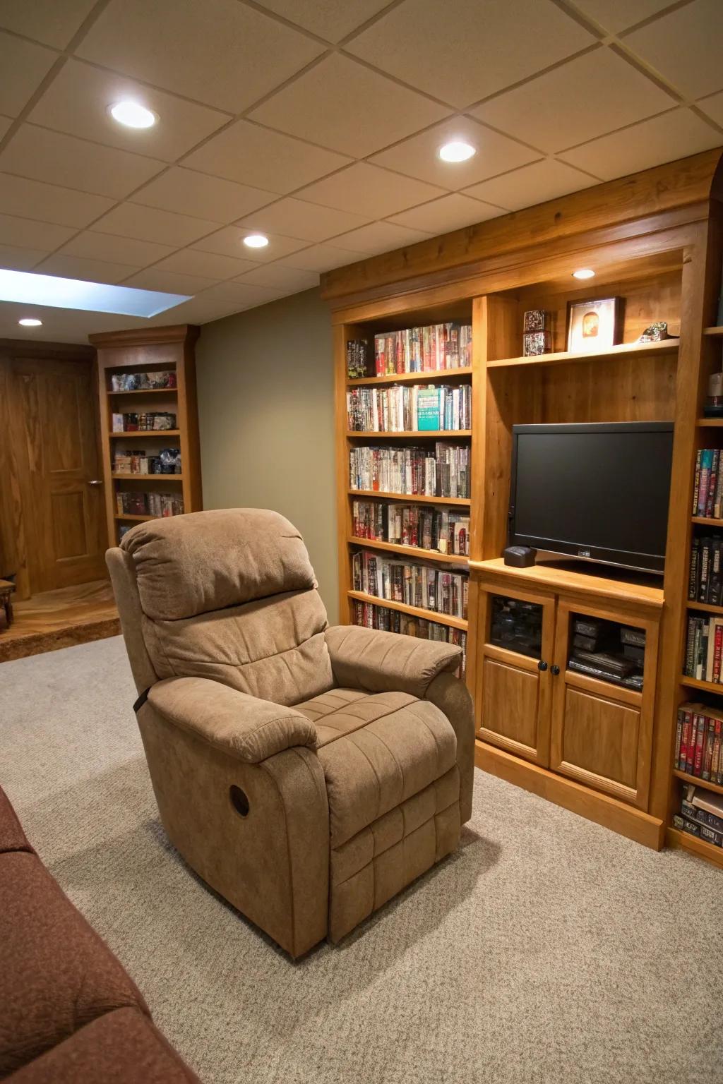 A recliner with built-in storage offers both comfort and practicality.