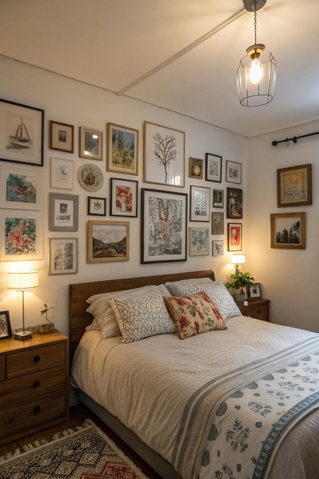 Wall artworks contribute individuality to a compact primary bedroom.