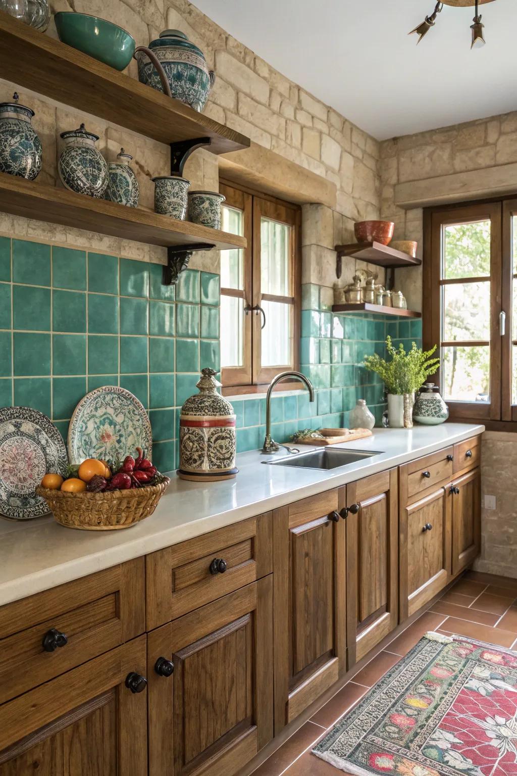Blue-gem colored tiles bring a vibrant and luxurious feel to the kitchen.